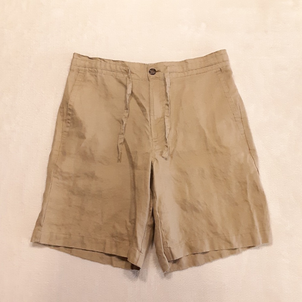 Club Room Mens Luxury Linen Shorts Medium Dark Khaki 8" Inseam Elastic Waist